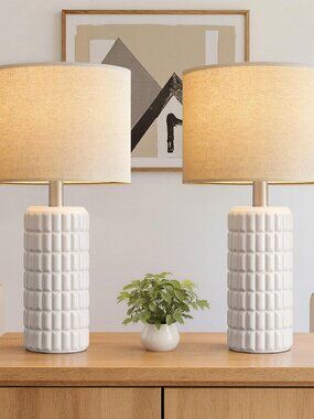23" Modern Ceramic Table Lamps Set of 2, Lamps for Bedroom, White